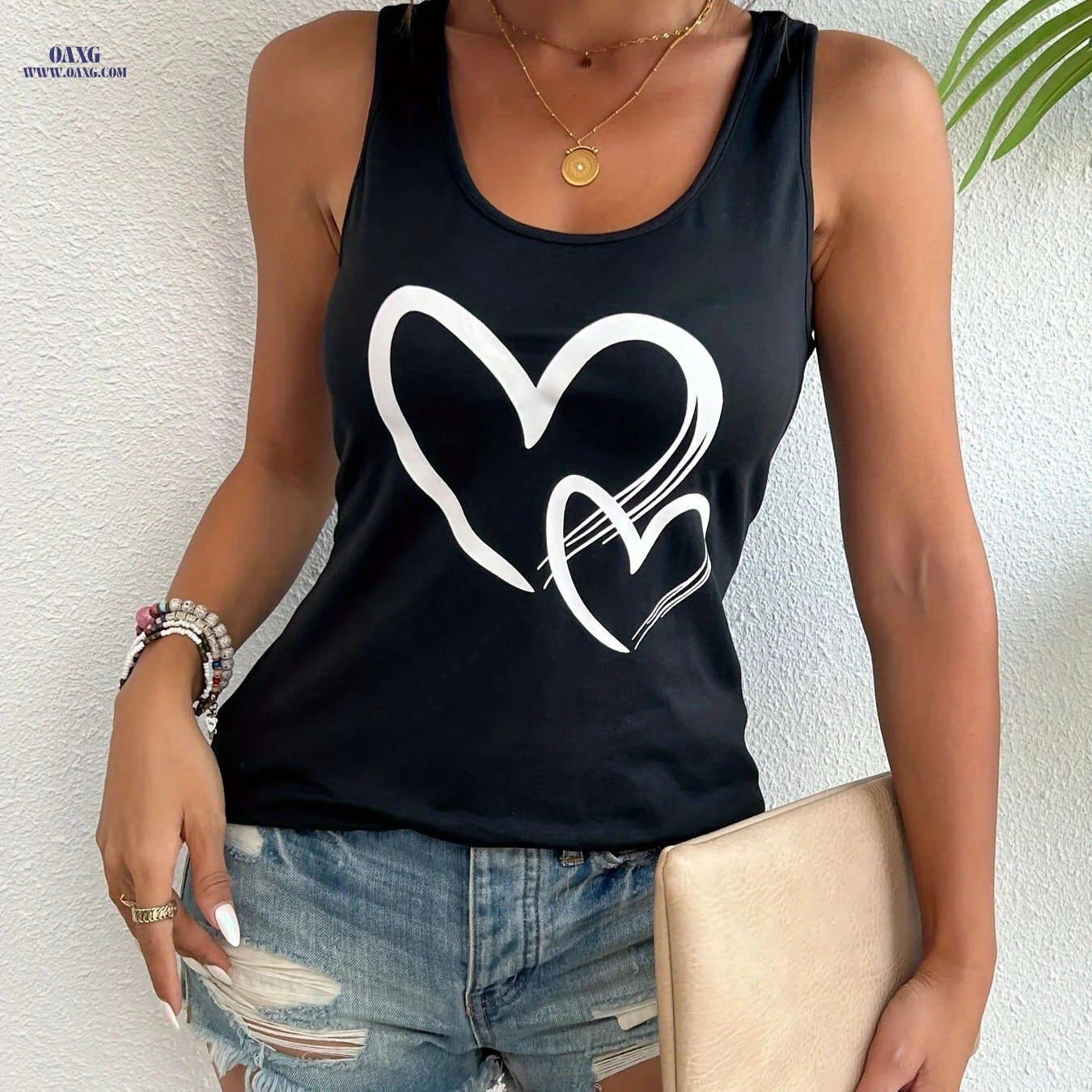 Summer Casual Women's Sleeveless Camisole - Heart Print Top   OAXG 
