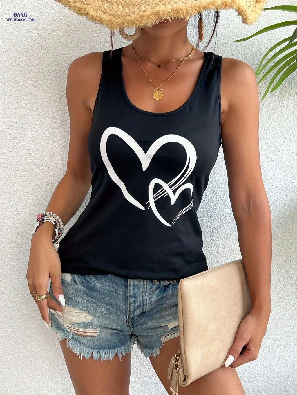 Summer Casual Women's Sleeveless Camisole - Heart Print Top   OAXG Claret / XS