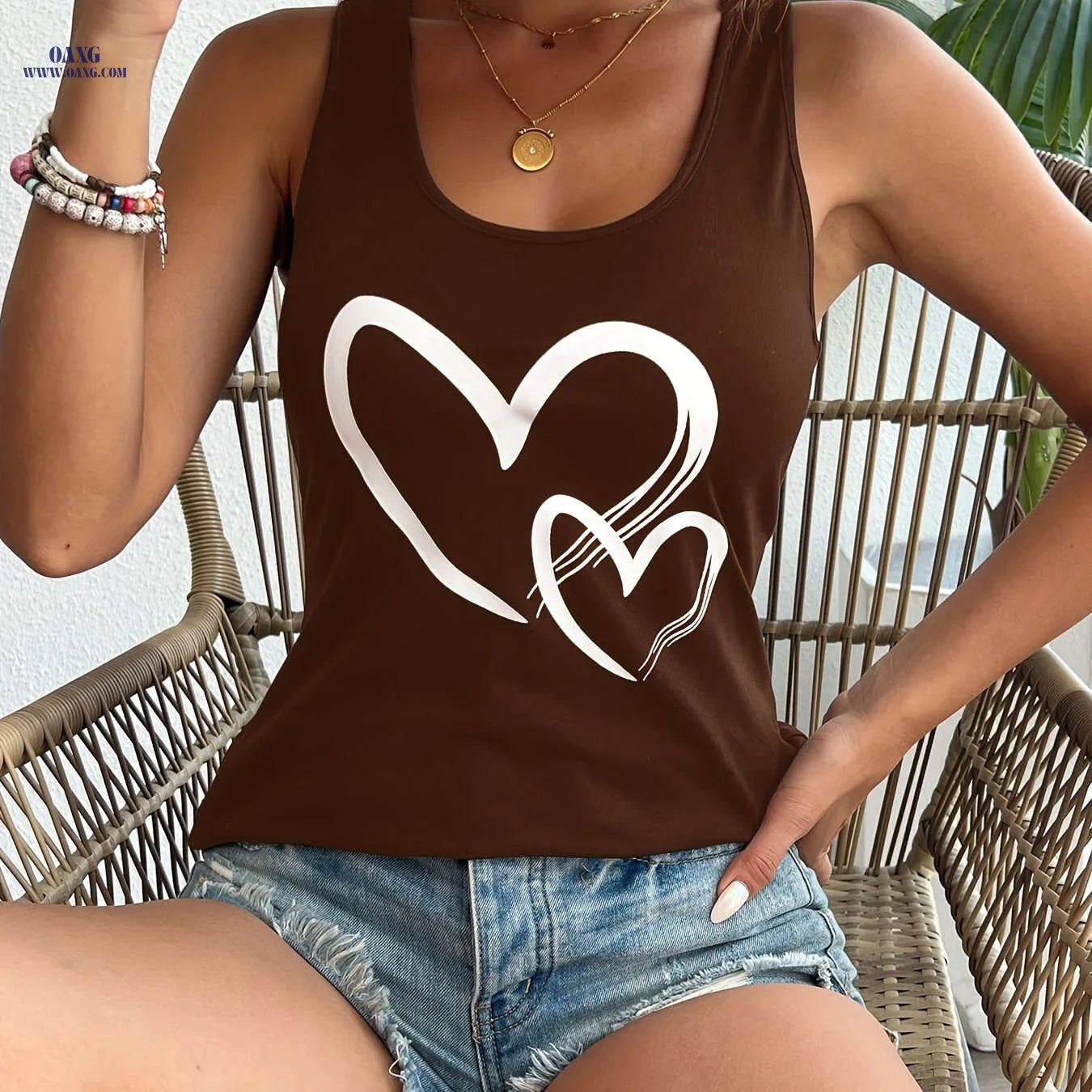 Summer Casual Women's Sleeveless Camisole - Heart Print Top   OAXG 