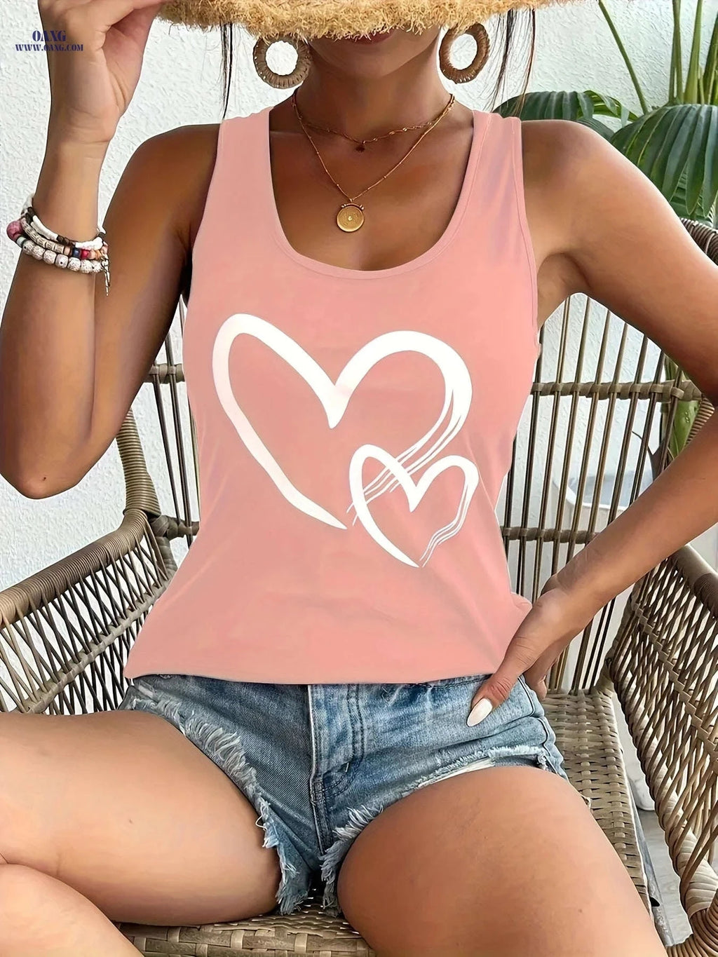 Summer Casual Women's Sleeveless Camisole - Heart Print Top   OAXG 