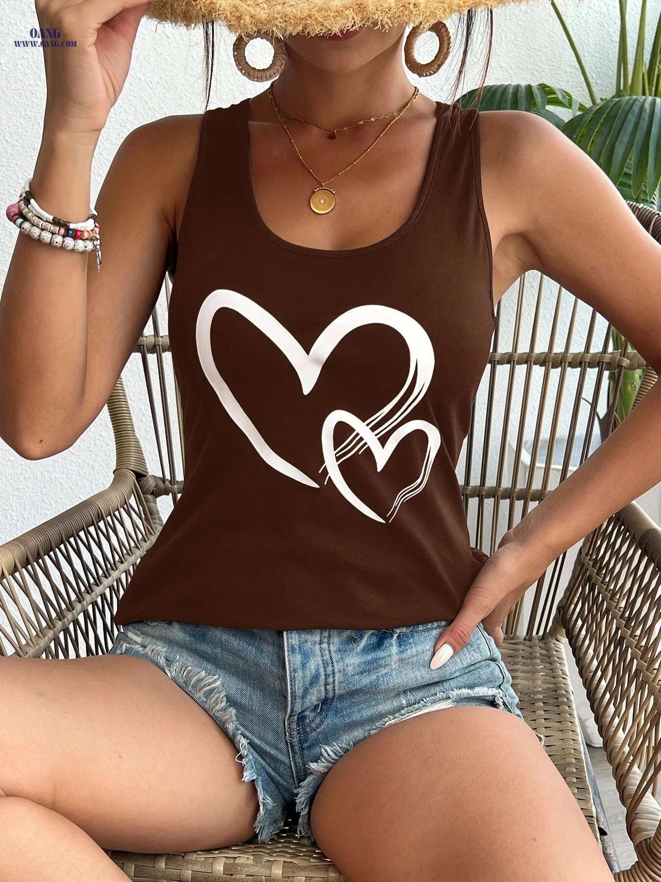 Summer Casual Women's Sleeveless Camisole - Heart Print Top   OAXG 