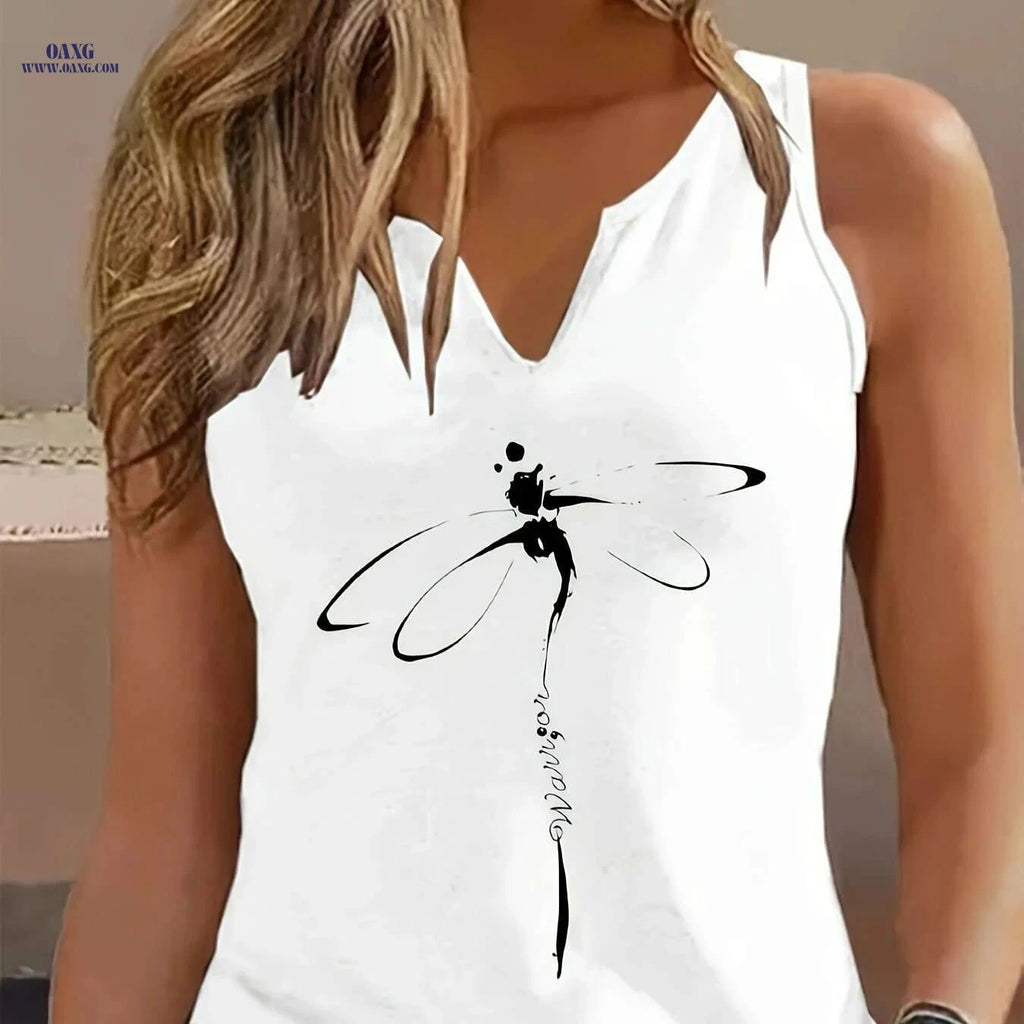 Summer Dragonfly Print Vest - Women's Casual Sleeveless T-Shirt   OAXG White / S