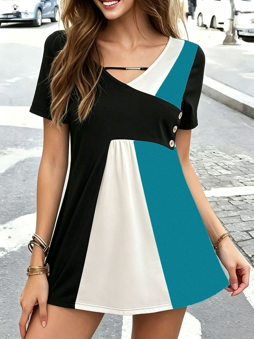 Summer Easy Women'S T-Shirt: Fashionable And Comfortable, Showcasing Your Unique Charm, Elegant Casual Temperament Fully Displayed, Easily Creating Street Trendy Style, Tricolor Patchwork Design, Loose Fit, Comfortable Fabric, Casual Style