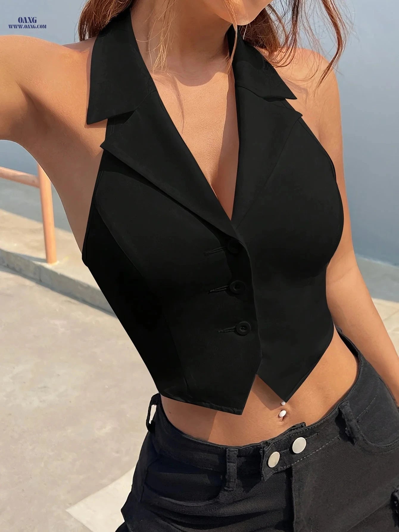 Summer Fashion Sleeveless Button Backless Blazer Top - Elegant Style   OAXG Black / XS