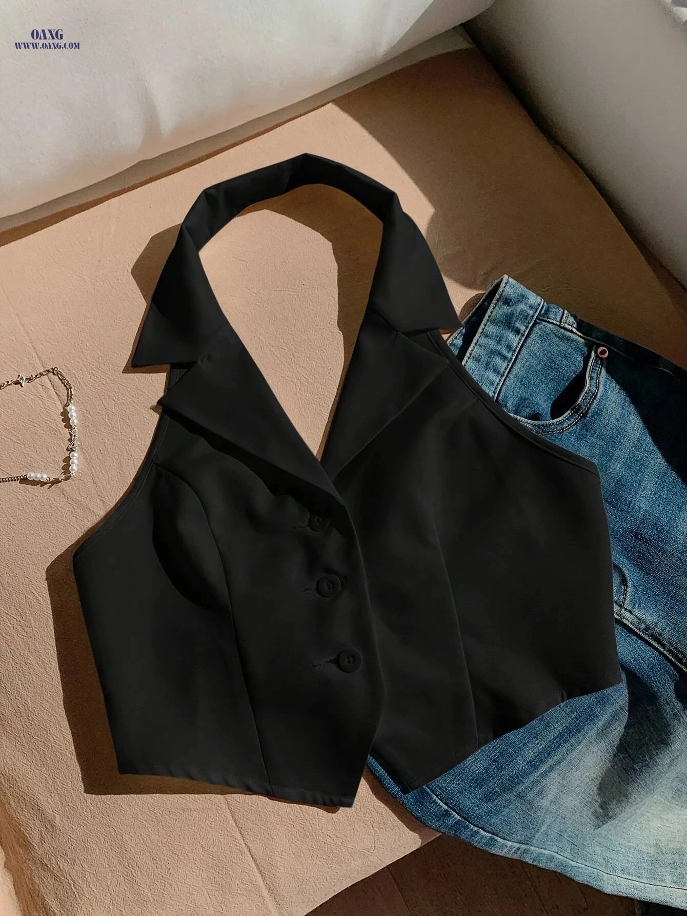 Summer Fashion Sleeveless Button Backless Blazer Top - Elegant Style   OAXG Black / XS