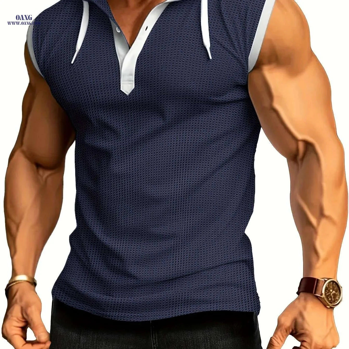 Summer Fitness Men's Hooded Tank - Casual Color Block Vest   OAXG 