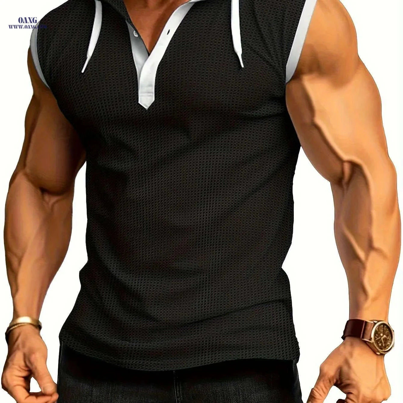 Summer Fitness Men's Hooded Tank - Casual Color Block Vest   OAXG 