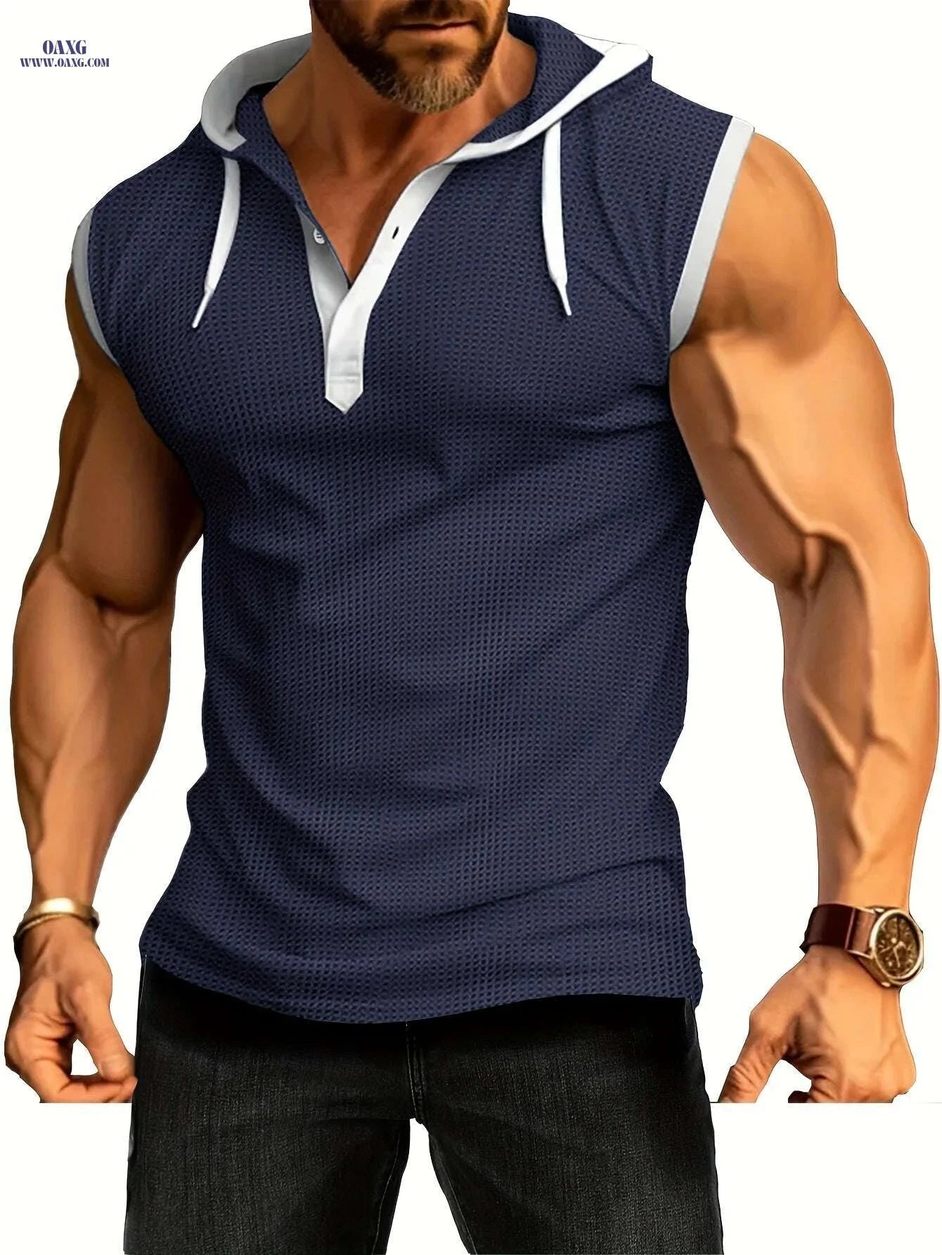 Summer Fitness Men's Hooded Tank - Casual Color Block Vest   OAXG 