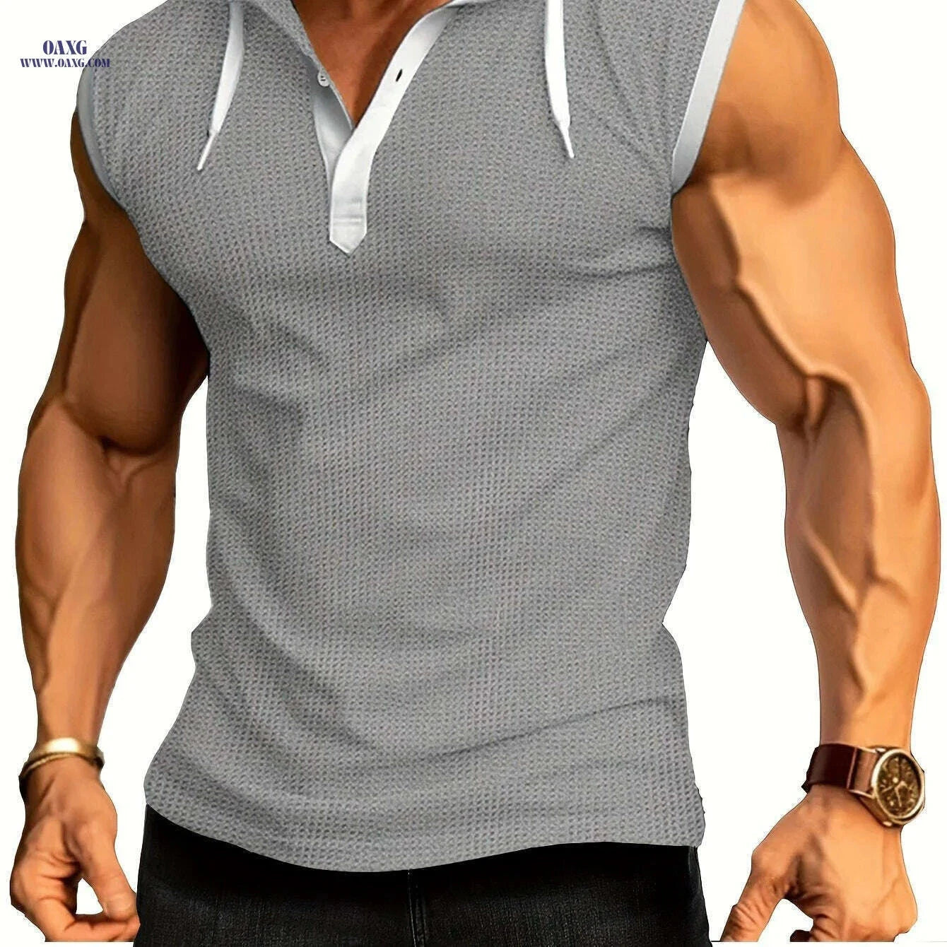 Summer Fitness Men's Hooded Tank - Casual Color Block Vest   OAXG Sea Blue / S