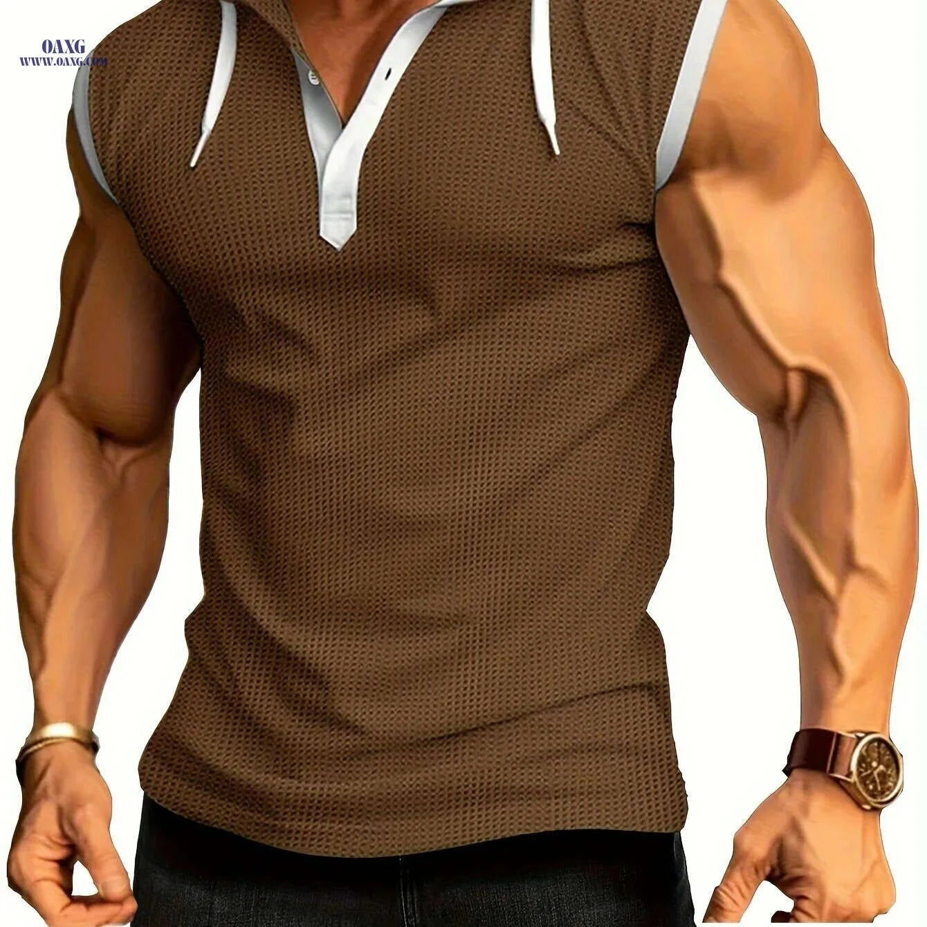 Summer Fitness Men's Hooded Tank - Casual Color Block Vest   OAXG Sea Blue / S