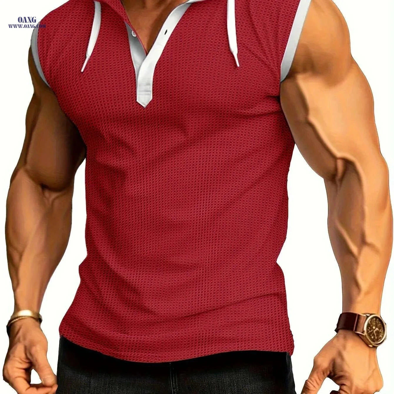 Summer Fitness Men's Hooded Tank - Casual Color Block Vest   OAXG Sea Blue / S
