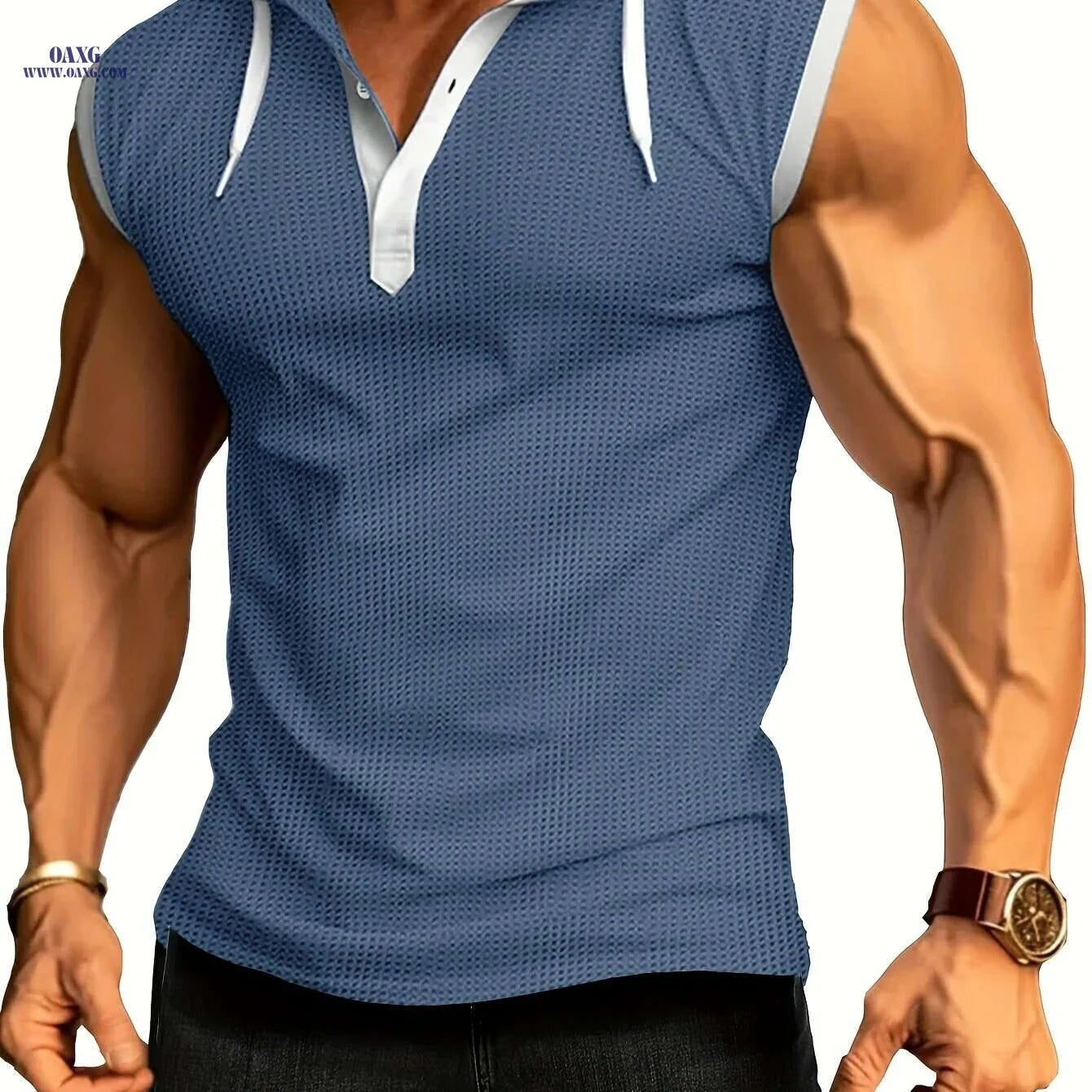 Summer Fitness Men's Hooded Tank - Casual Color Block Vest   OAXG Sea Blue / S