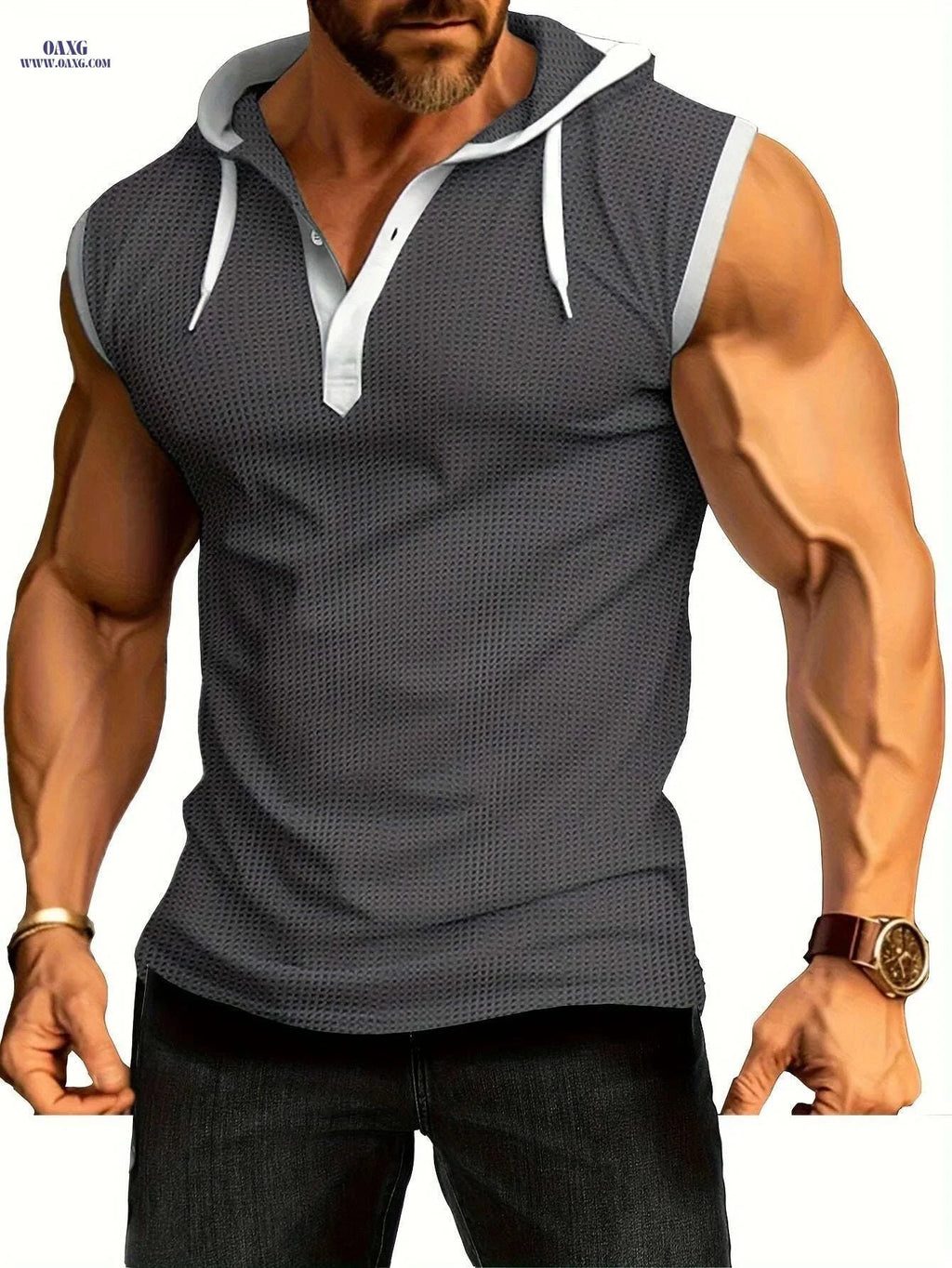 Summer Fitness Men's Hooded Tank - Casual Color Block Vest   OAXG Sea Blue / S