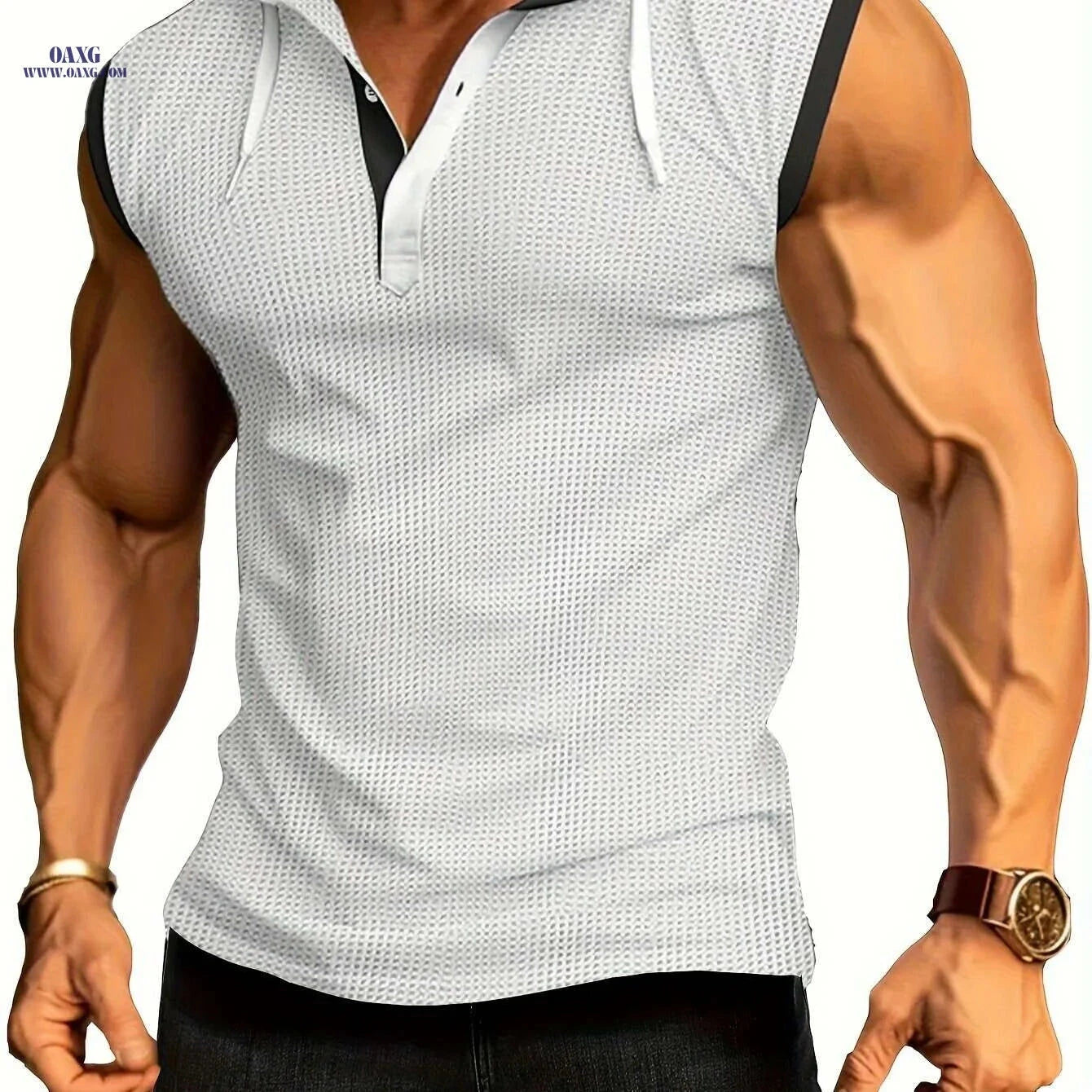 Summer Fitness Men's Hooded Tank - Casual Color Block Vest   OAXG Sea Blue / S