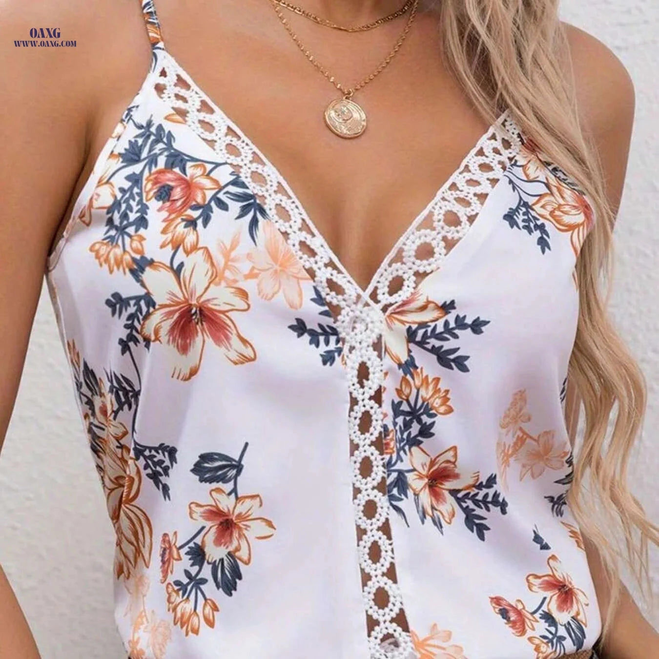 Summer Floral Lace-Trim Cami Top - V-Neck, Non-Sheer Polyester   OAXG White / S