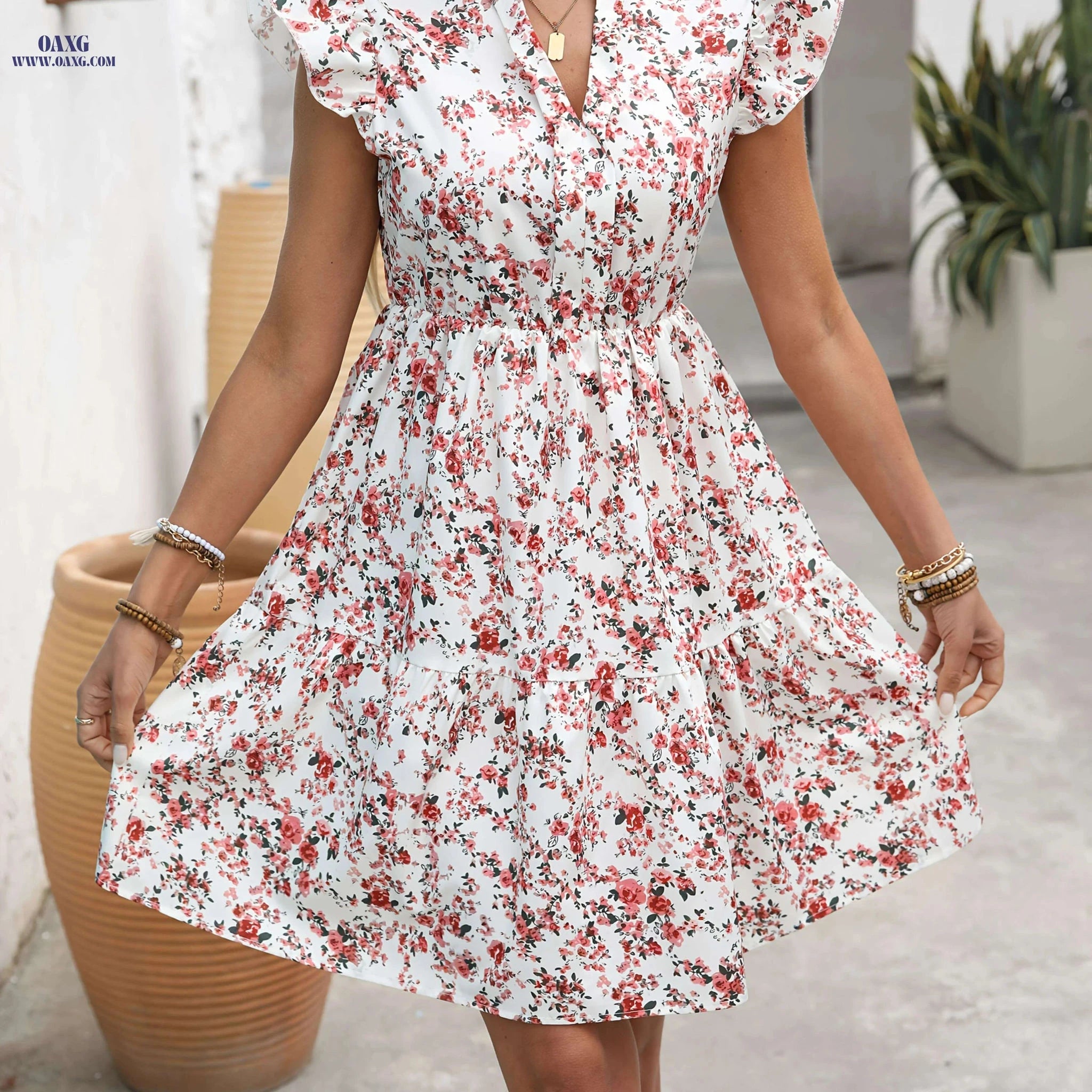 Summer Floral Mini Dress for Women - Ruffle Hem, A-Line Style   OAXG Multicolor / S