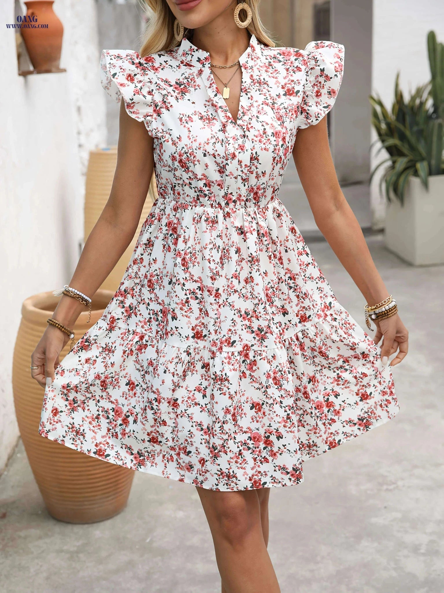Summer Floral Mini Dress for Women - Ruffle Hem, A-Line Style   OAXG 
