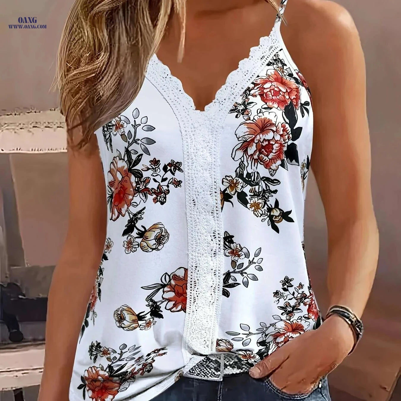 Summer Floral Print Lace Trim Tank Top - Sexy V-Neck Style   OAXG 