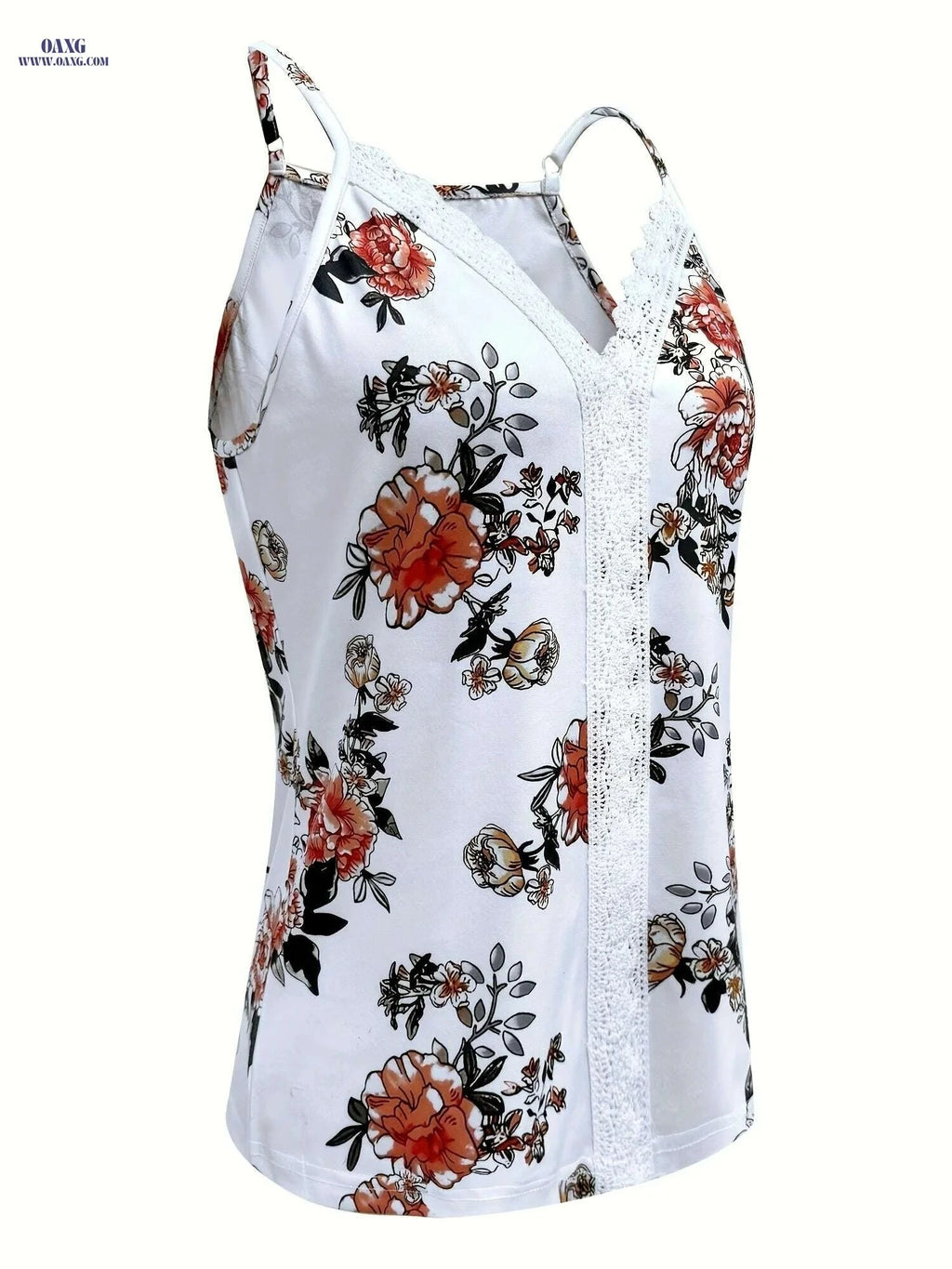 Summer Floral Print Lace Trim Tank Top - Sexy V-Neck Style   OAXG 
