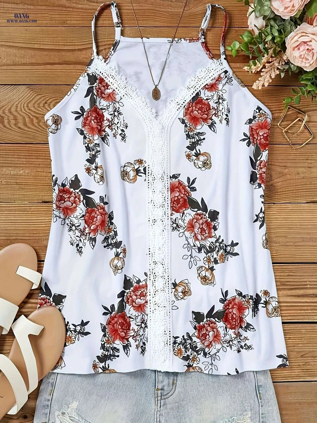 Summer Floral Print Lace Trim Tank Top - Sexy V-Neck Style   OAXG 