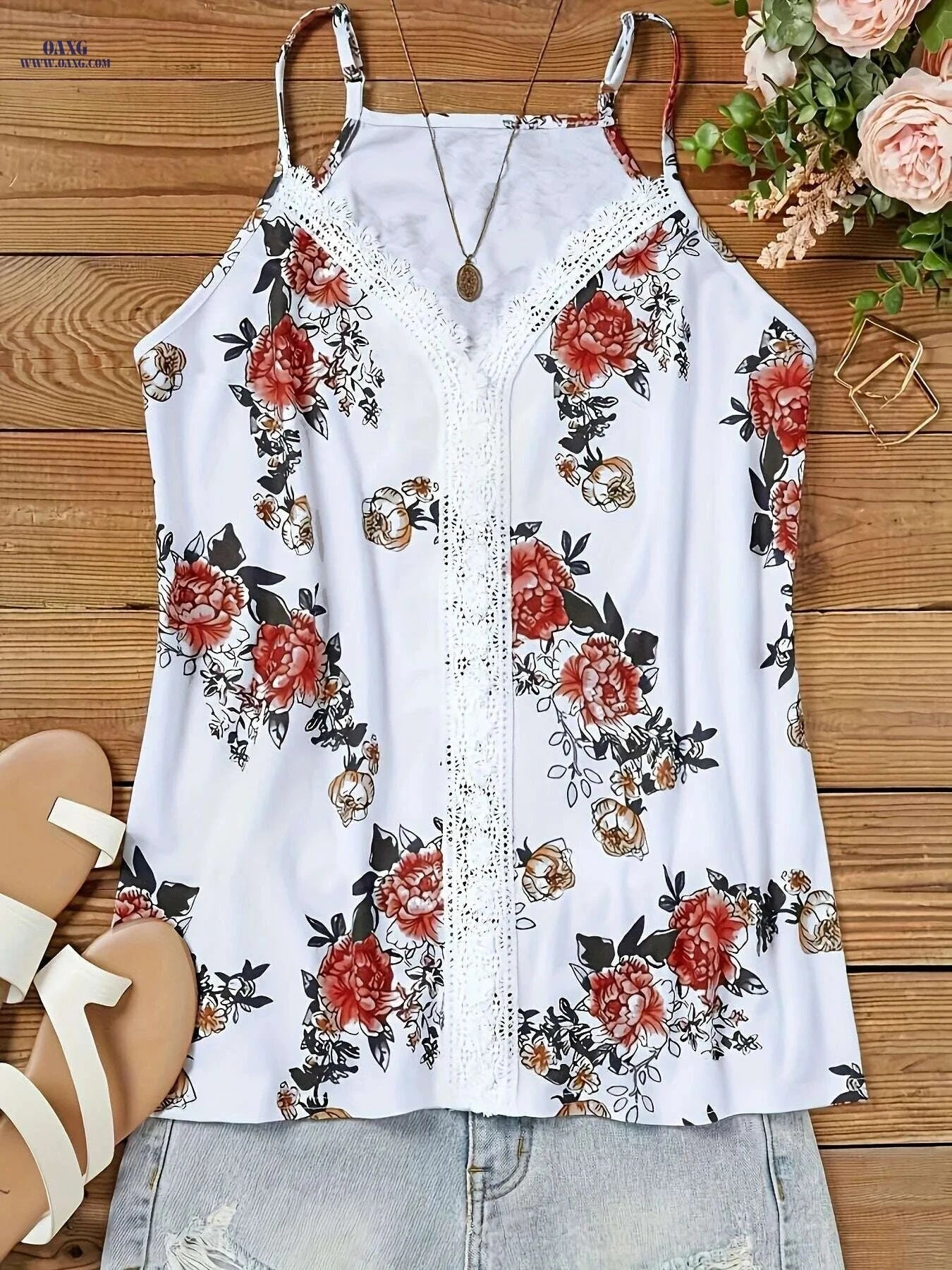 Summer Floral Print Lace Trim Tank Top - Sexy V-Neck Style   OAXG 