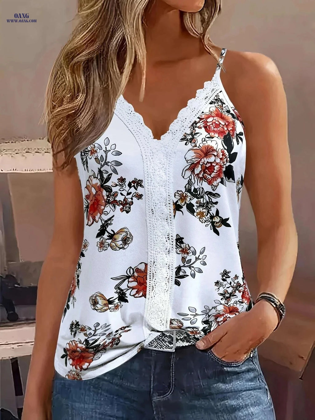 Summer Floral Print Lace Trim Tank Top - Sexy V-Neck Style   OAXG Mixed Color / S