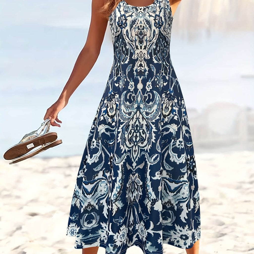 Summer Floral Print Women's Dress - Perfect for Vacation Wear   OAXG Navy Blue / S