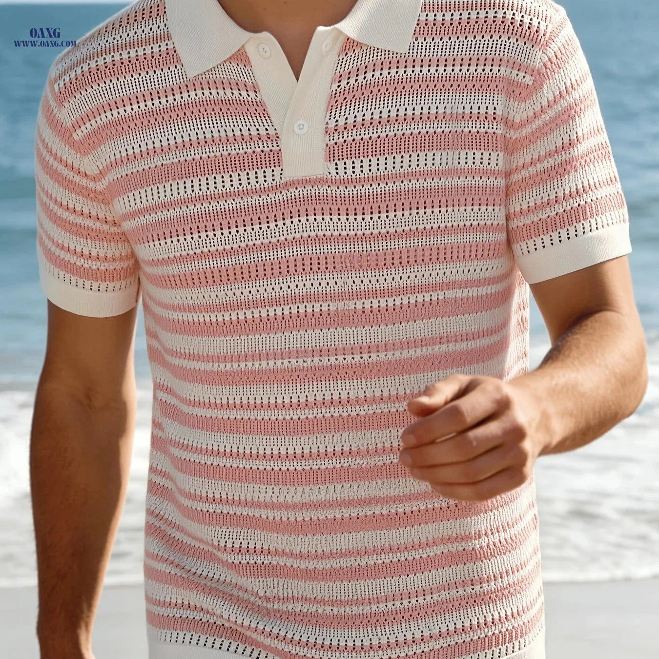 Summer Island Knit Polo Top - Breathable Striped Lapel for Men   OAXG 