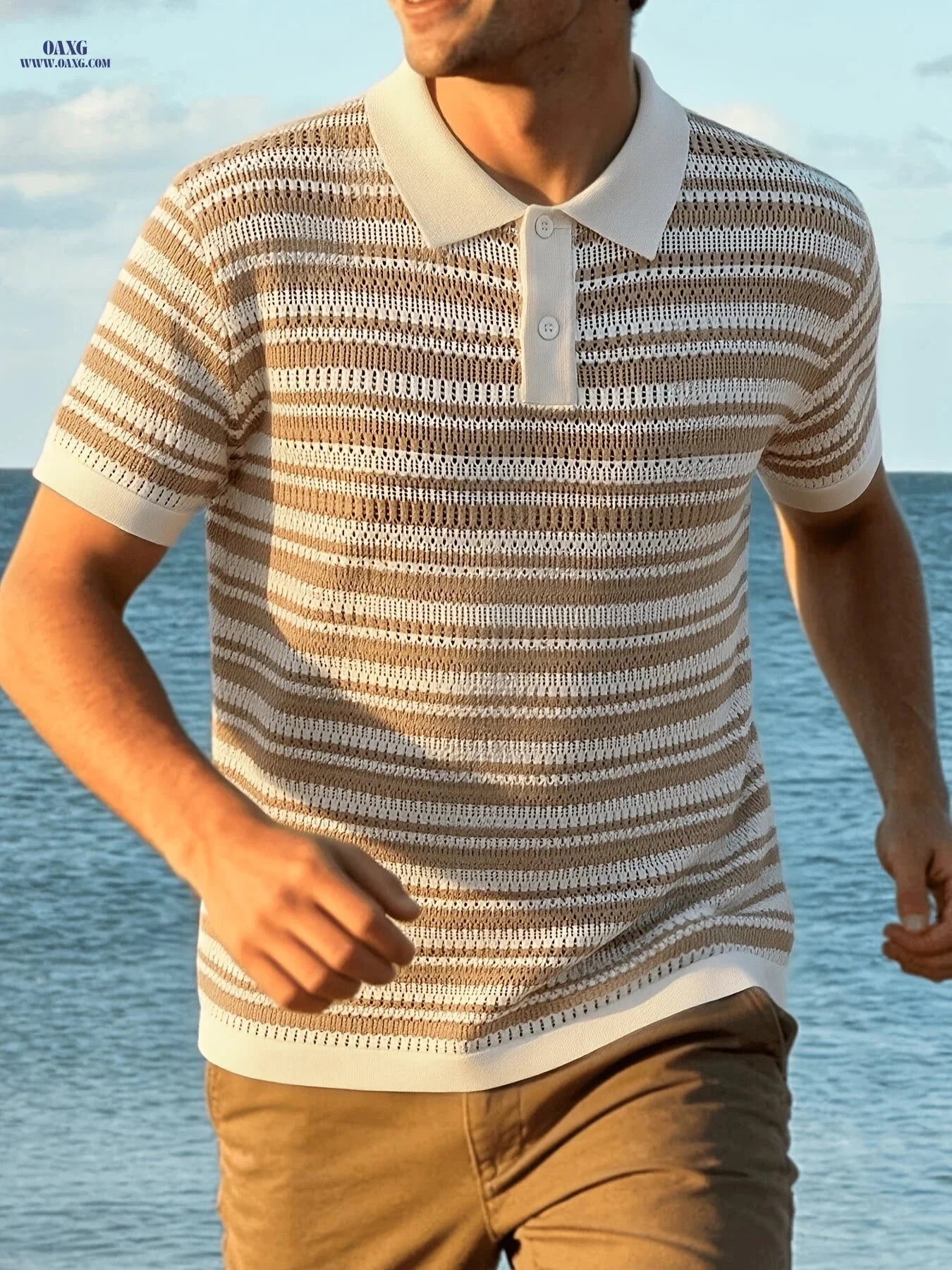 Summer Island Knit Polo Top - Breathable Striped Lapel for Men   OAXG 