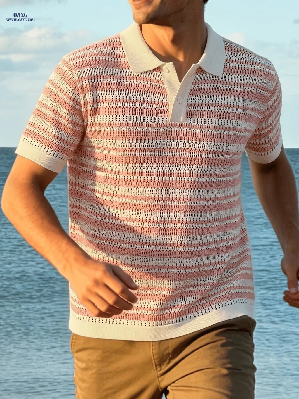 Summer Island Knit Polo Top - Breathable Striped Lapel for Men   OAXG 