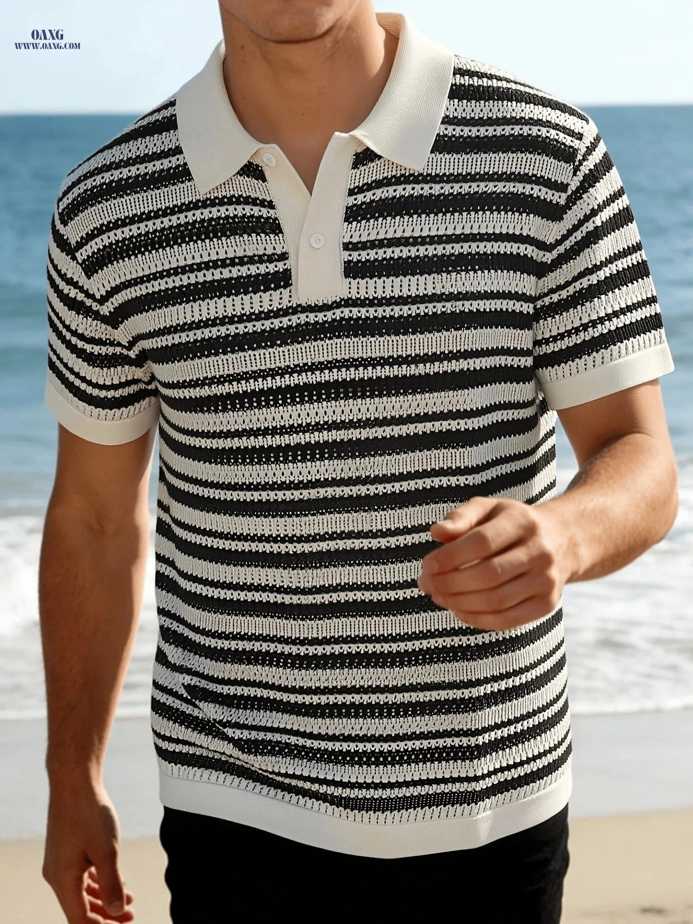 Summer Island Knit Polo Top - Breathable Striped Lapel for Men   OAXG 