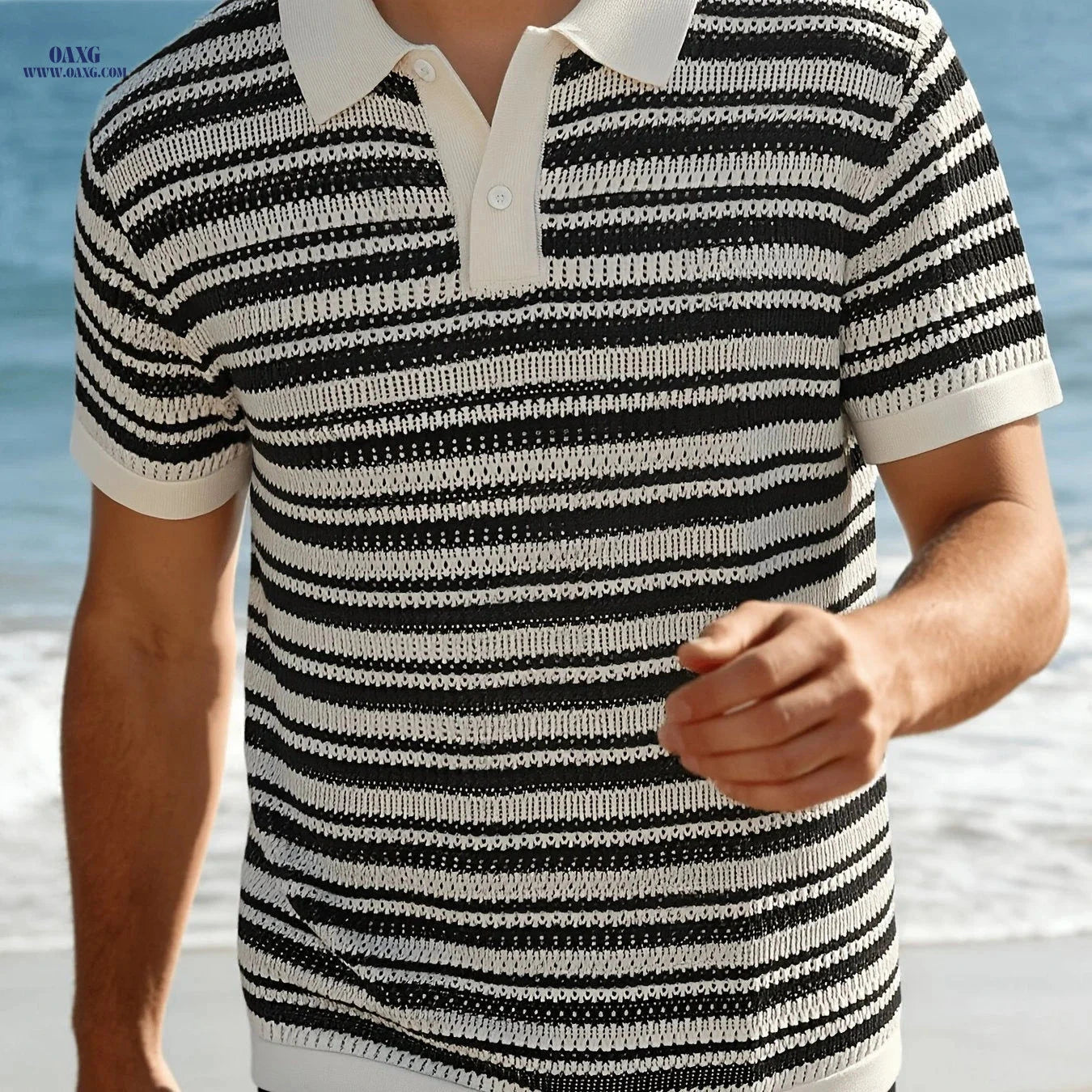 Summer Island Knit Polo Top - Breathable Striped Lapel for Men   OAXG Navy Color / FR S