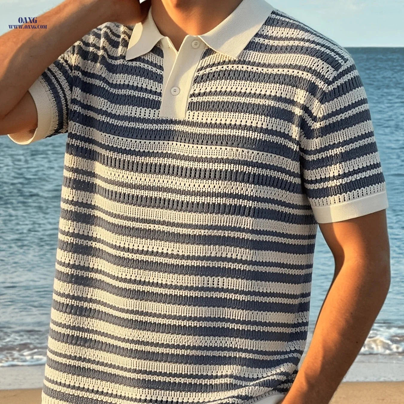 Summer Island Knit Polo Top - Breathable Striped Lapel for Men   OAXG Navy Color / FR S