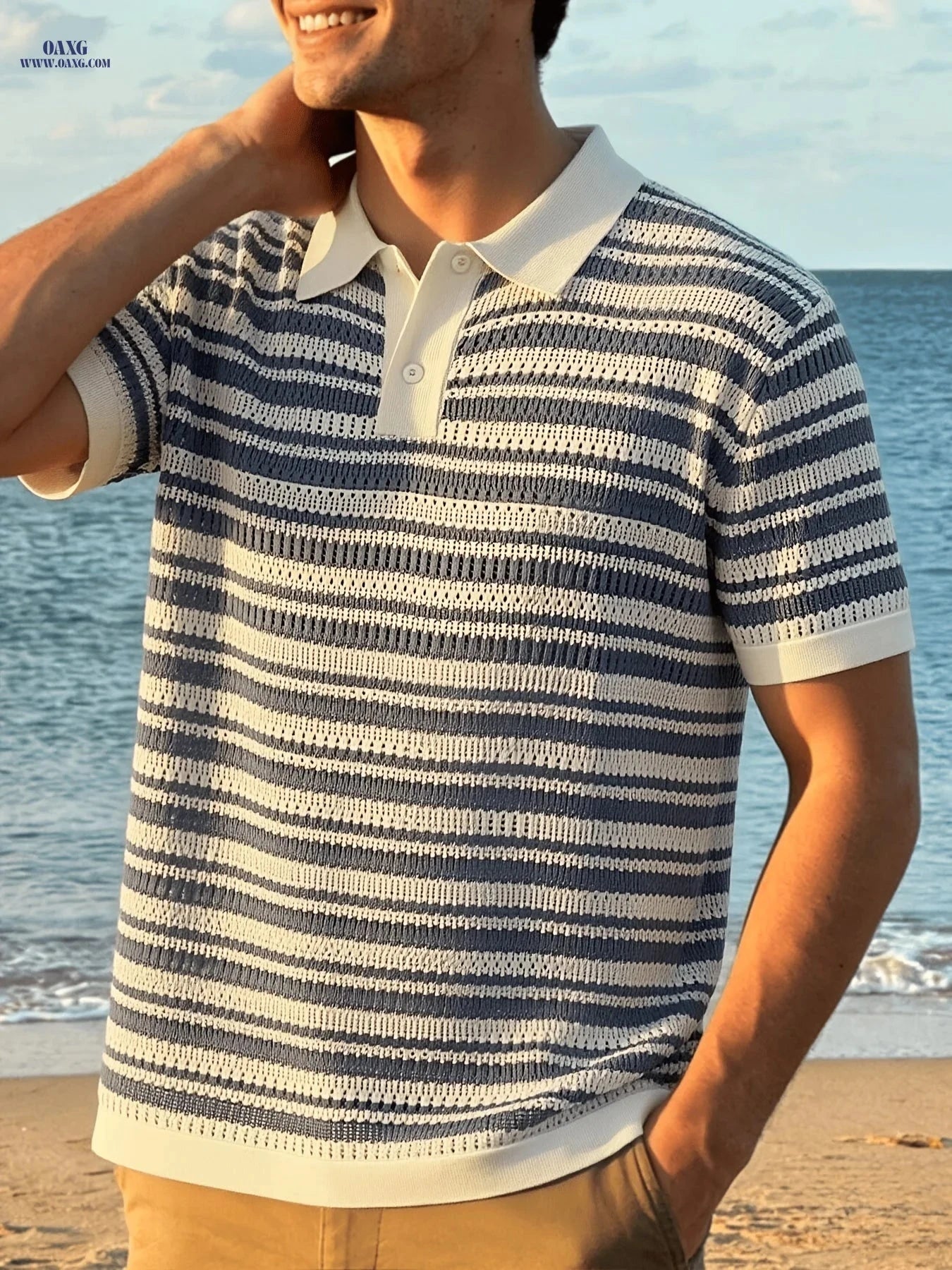 Summer Island Knit Polo Top - Breathable Striped Lapel for Men   OAXG Navy Color / FR S