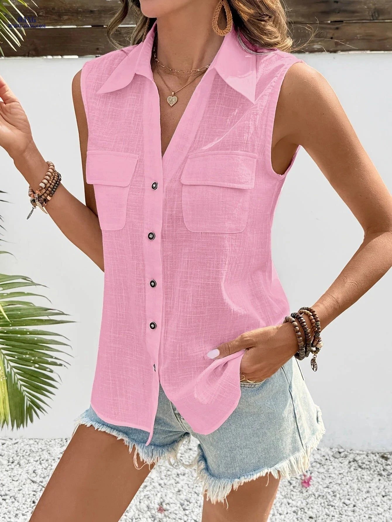Summer Loose Backless Blouse - 100% Cotton V-Neck Shirt for Women   OAXG Sky Blue / S