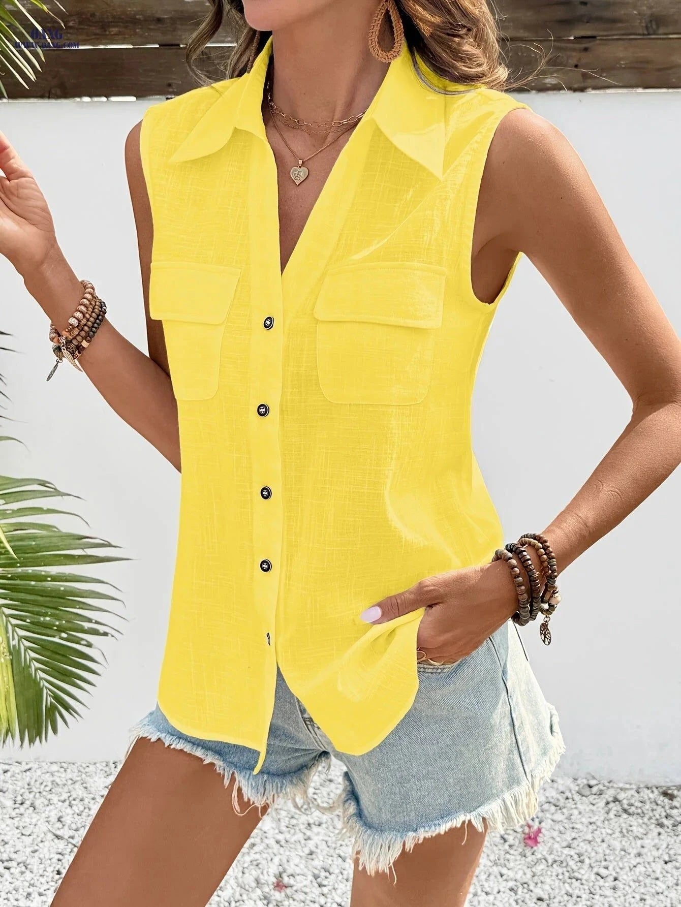 Summer Loose Backless Blouse - 100% Cotton V-Neck Shirt for Women   OAXG Sky Blue / S