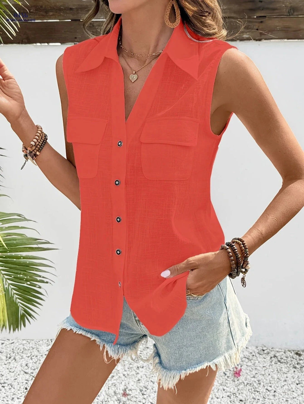 Summer Loose Backless Blouse - 100% Cotton V-Neck Shirt for Women   OAXG Sky Blue / S