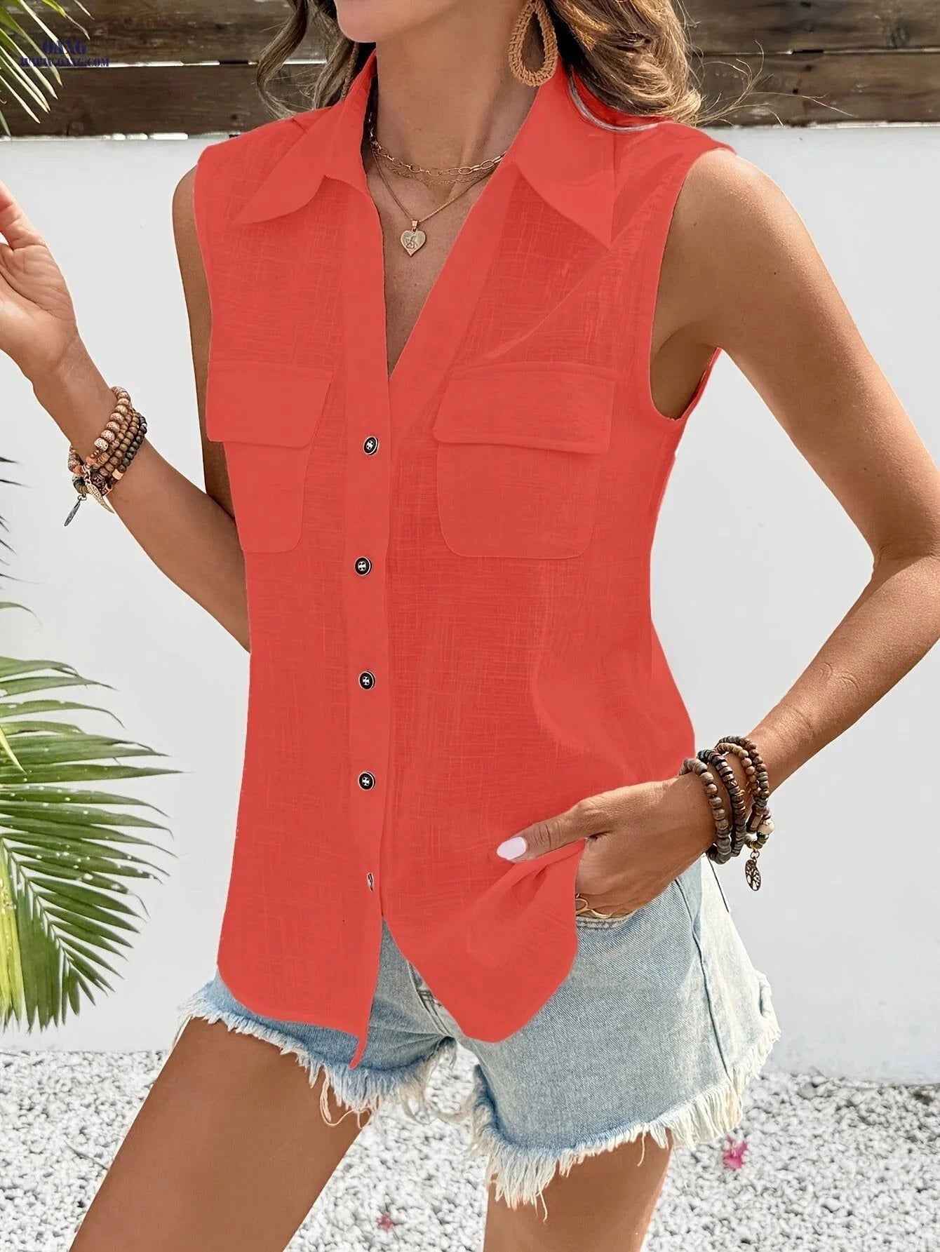 Summer Loose Backless Blouse - 100% Cotton V-Neck Shirt for Women   OAXG Sky Blue / S