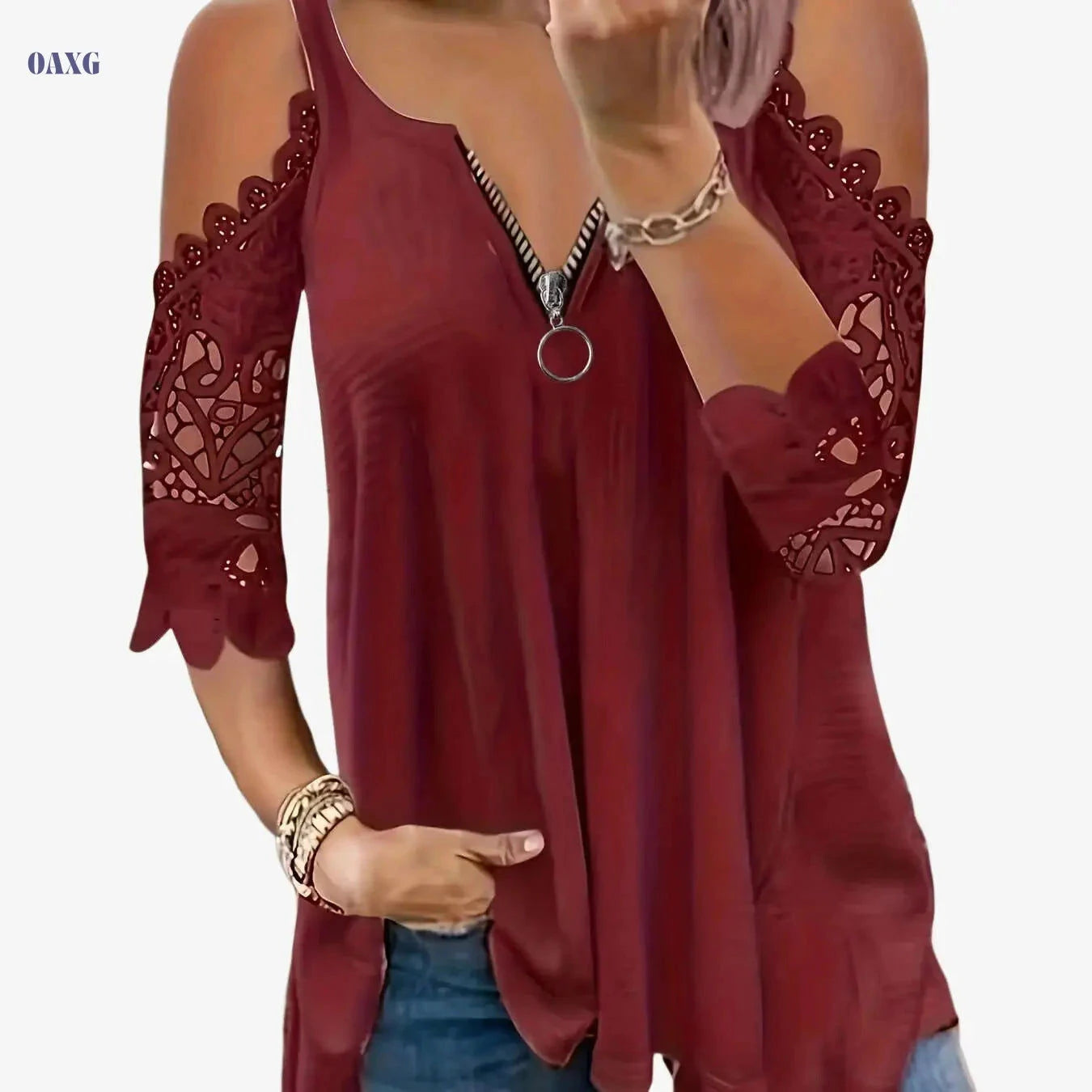 Summer Loose Fit V-Neck Top - Casual Lace Detail, Petal Sleeves   OAXG 