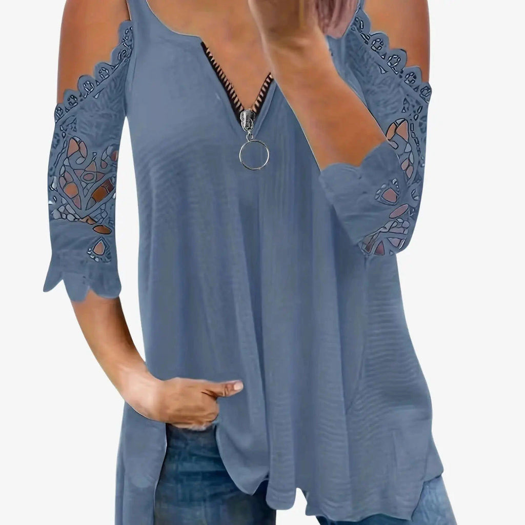 Summer Loose Fit V-Neck Top - Casual Lace Detail, Petal Sleeves   OAXG 