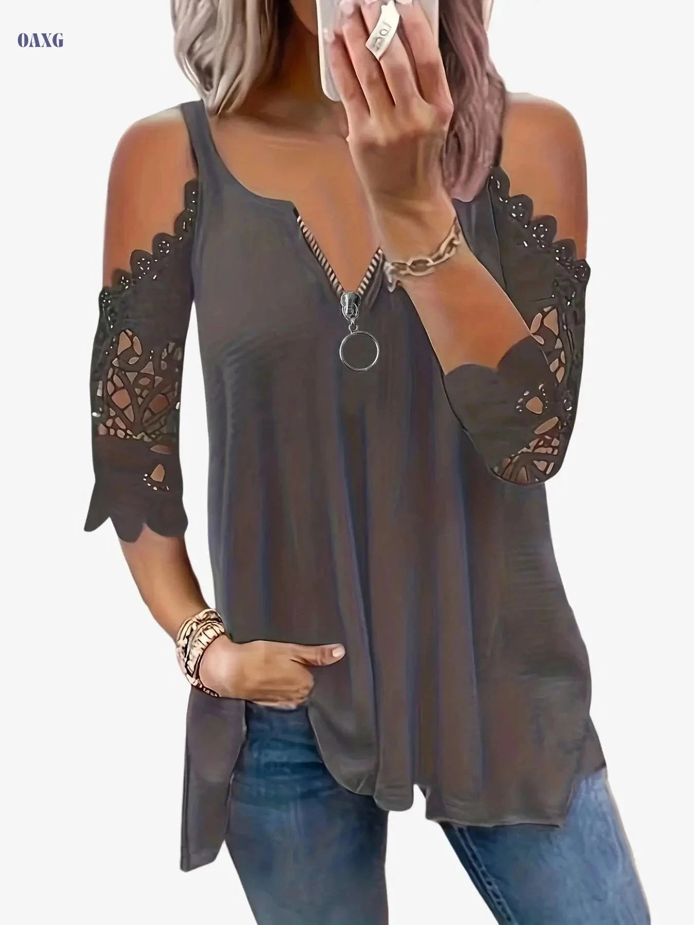 Summer Loose Fit V-Neck Top - Casual Lace Detail, Petal Sleeves   OAXG 