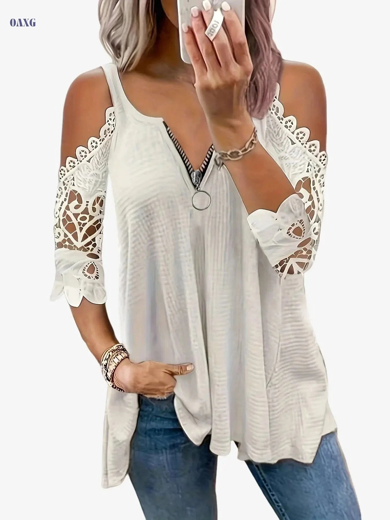 Summer Loose Fit V-Neck Top - Casual Lace Detail, Petal Sleeves   OAXG 