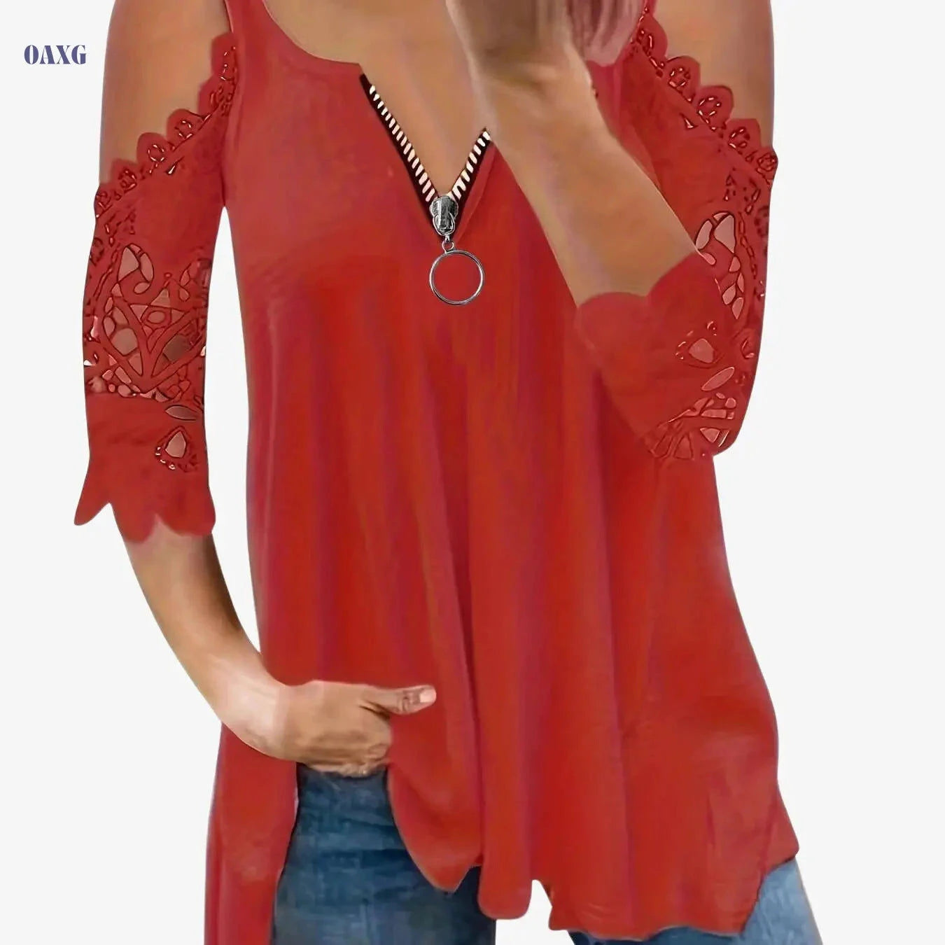 Summer Loose Fit V-Neck Top - Casual Lace Detail, Petal Sleeves   OAXG 