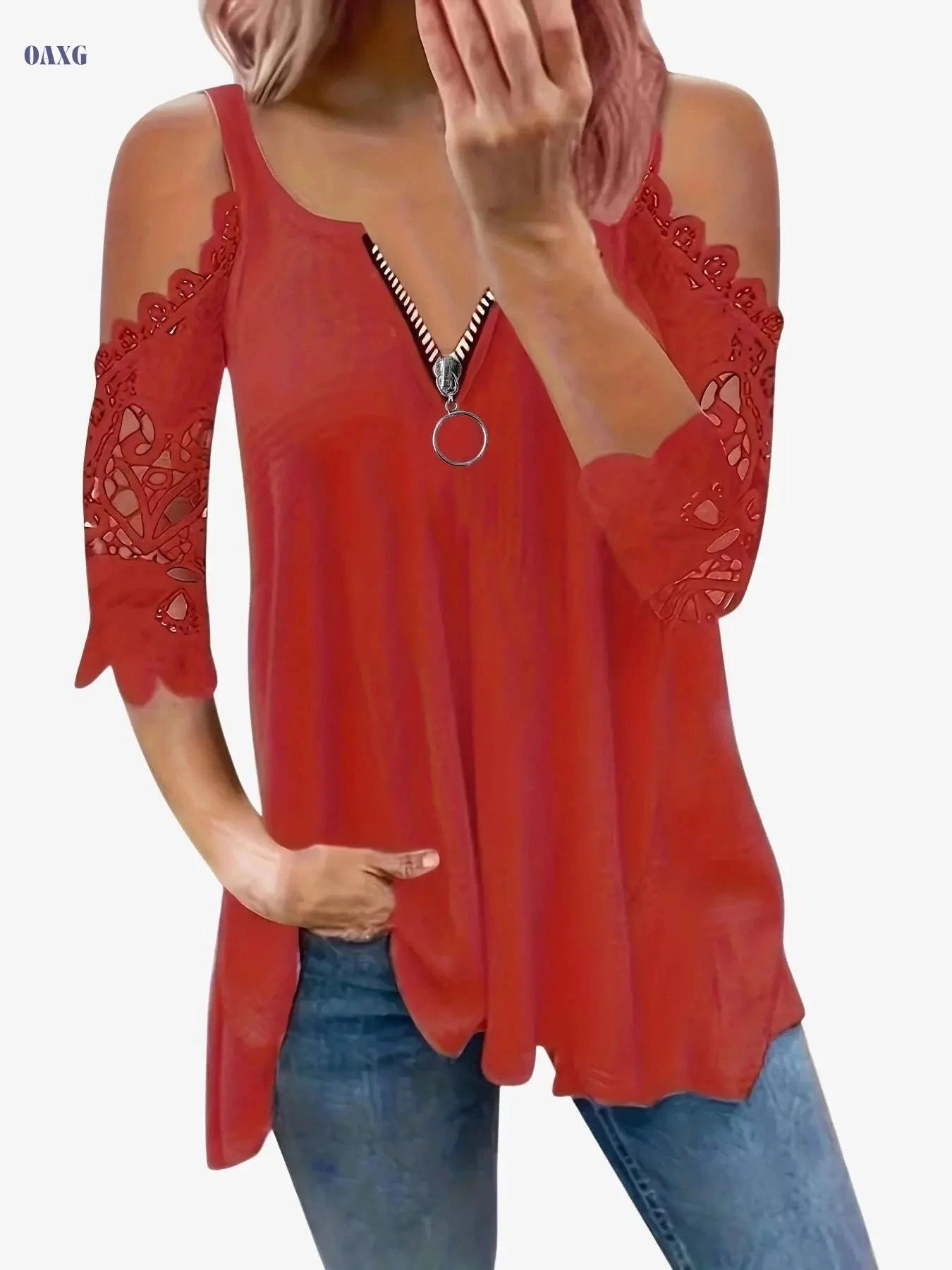 Summer Loose Fit V-Neck Top - Casual Lace Detail, Petal Sleeves   OAXG 
