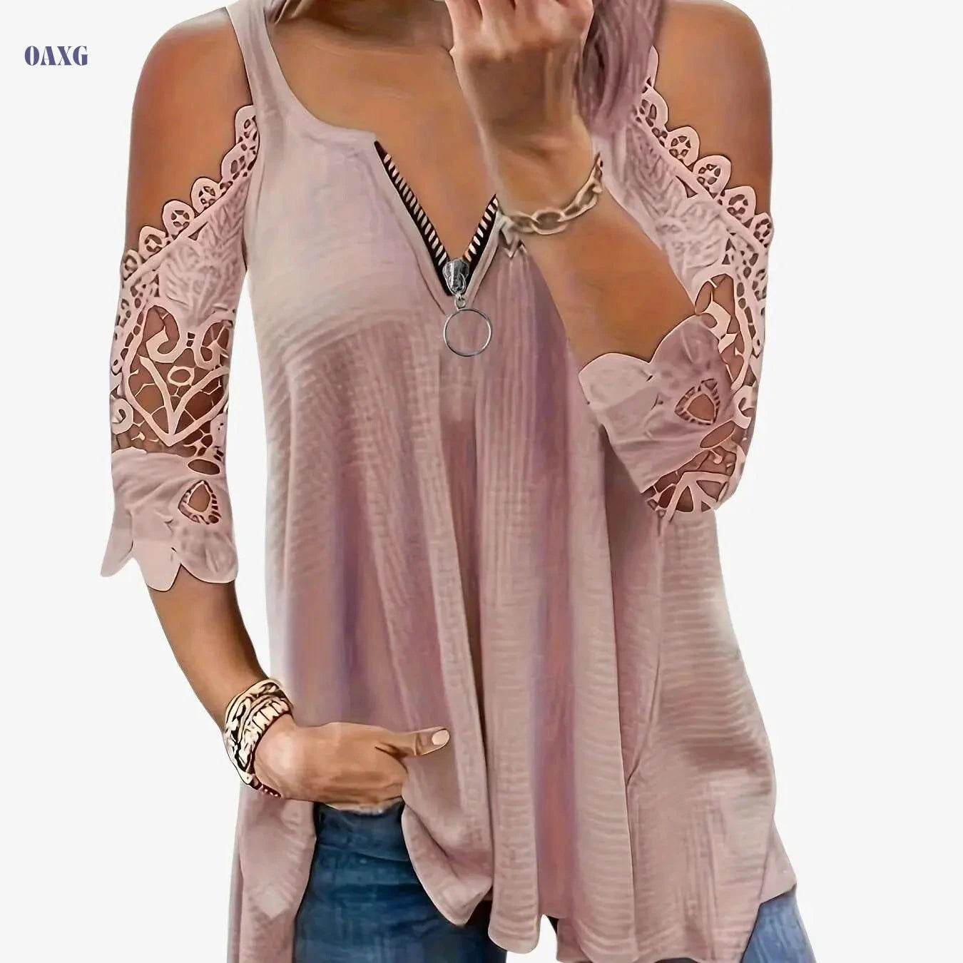 Summer Loose Fit V-Neck Top - Casual Lace Detail, Petal Sleeves   OAXG Tangerine-red / S