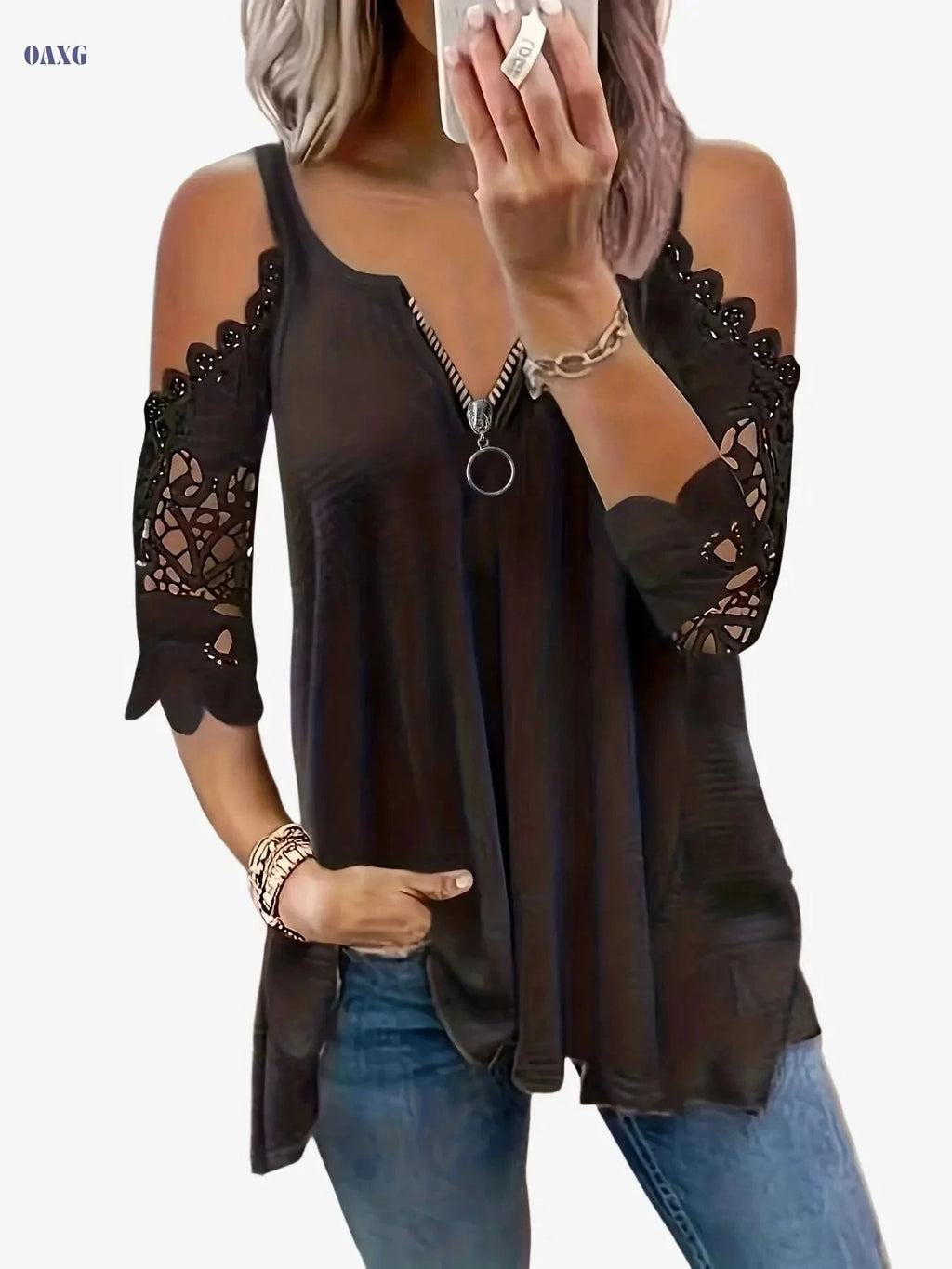 Summer Loose Fit V-Neck Top - Casual Lace Detail, Petal Sleeves   OAXG Tangerine-red / S