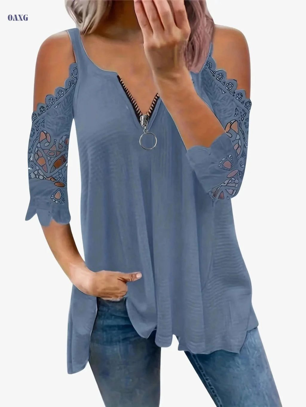 Summer Loose Fit V-Neck Top - Casual Lace Detail, Petal Sleeves   OAXG Tangerine-red / S