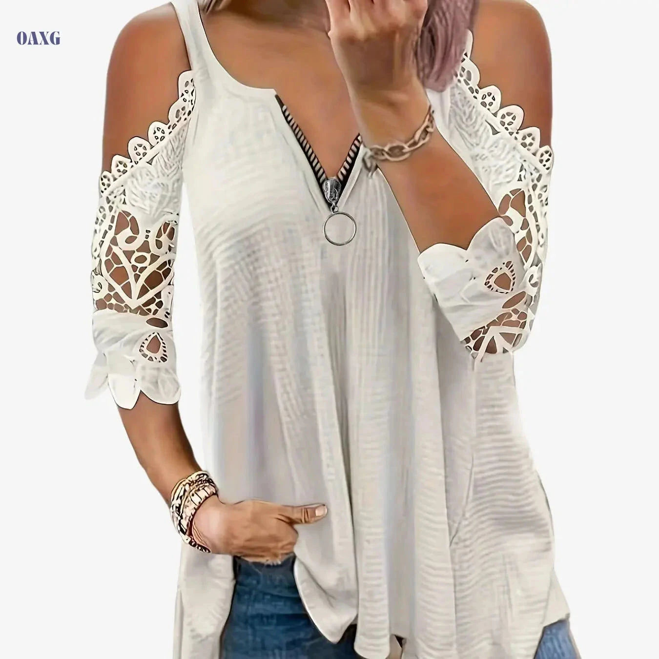 Summer Loose Fit V-Neck Top - Casual Lace Detail, Petal Sleeves   OAXG 