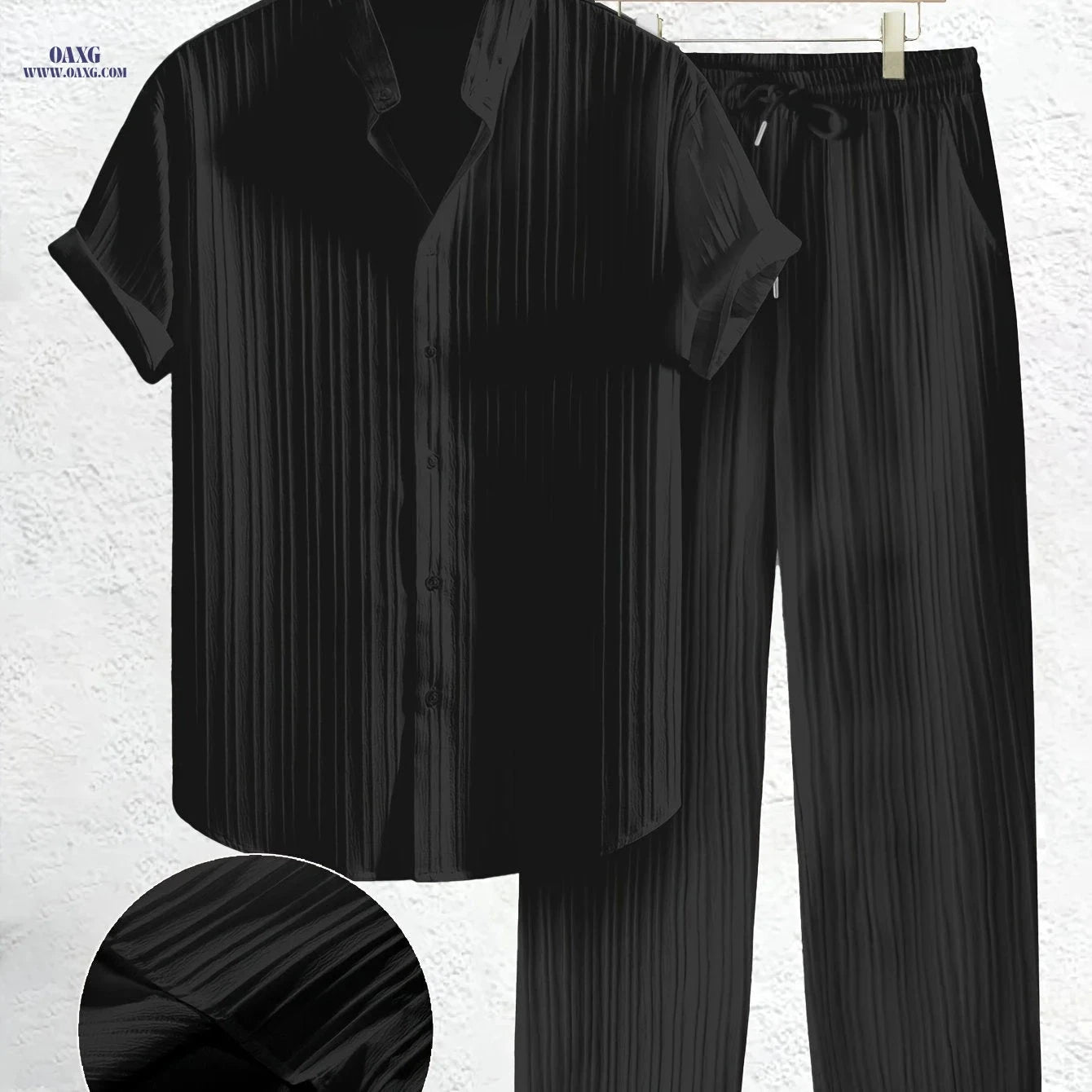 Summer Men's 2pcs Casual Set - Short Sleeve Shirt & Drawstring Pants   OAXG 