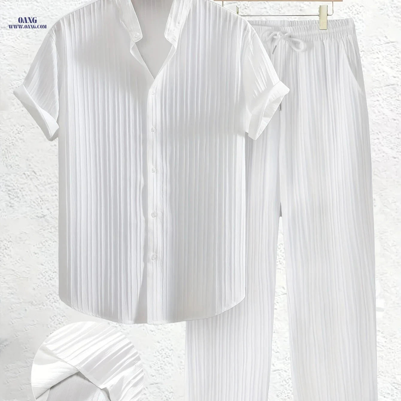 Summer Men's 2pcs Casual Set - Short Sleeve Shirt & Drawstring Pants   OAXG 